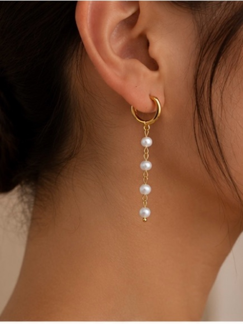 Gold Freshwater Pearl Chain Drop Hoop Earrings
